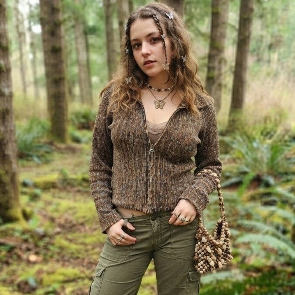 Y2K Forestcore Cardigan Womens Medium Brown Earthy Neutral Fairy Pixie Elf Gran